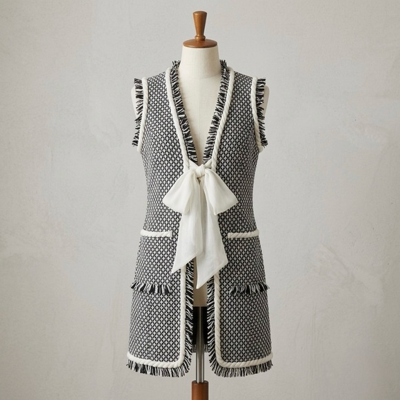 Andareji Jackets & Blazers - Tweed Longline Silk Ribbon Tie Vest – Navy Blue & White Textured Knit – Size 4